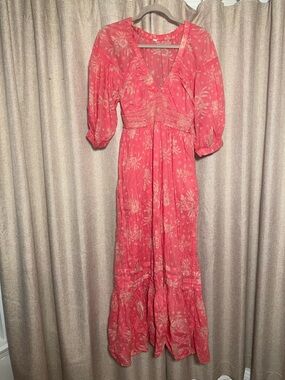 Free People Coral Floral Maxi Dress with Smocked Waist